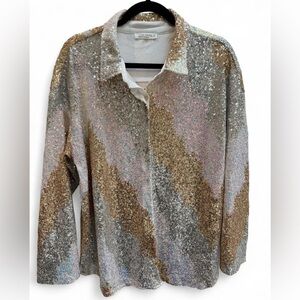 12th Tribe Sequin Button Up Shirt Large Gold Silver Party Top
